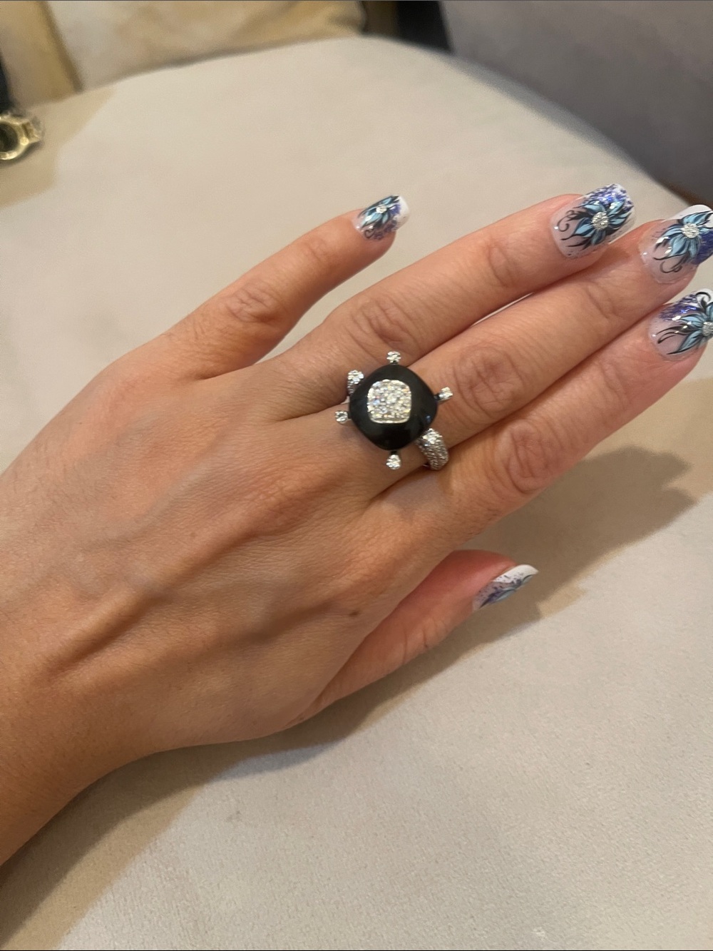 Black Onyx and Diamond Button Ring - Elegant Women's Statement Ring
